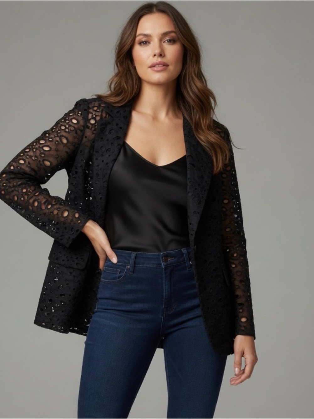 Nicole Miller Black Eyelet Lace Button-Down Shirt
